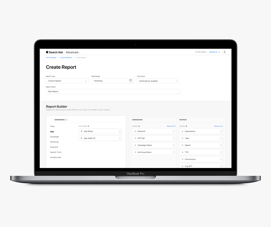 Die Seite „Bericht erstellen“ mit den Kriterien und Kennzahlen, die zur Erstellung nutzerdefinierter Berichte verwendet werden können.