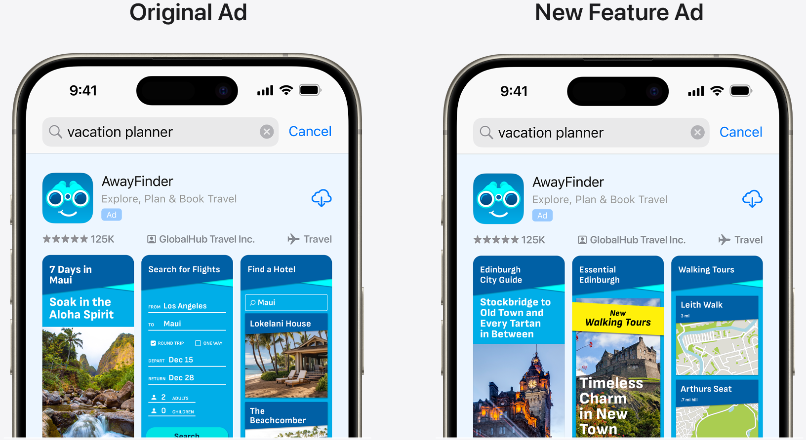 Side by side comparison of original ad for example app AwayFinder and an ad highlighting a new feature.