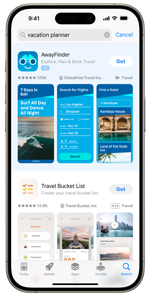 The term “vacation planner” is entered in the App Store search box, and an ad for the example app, AwayFinder, appears at the top of search results.