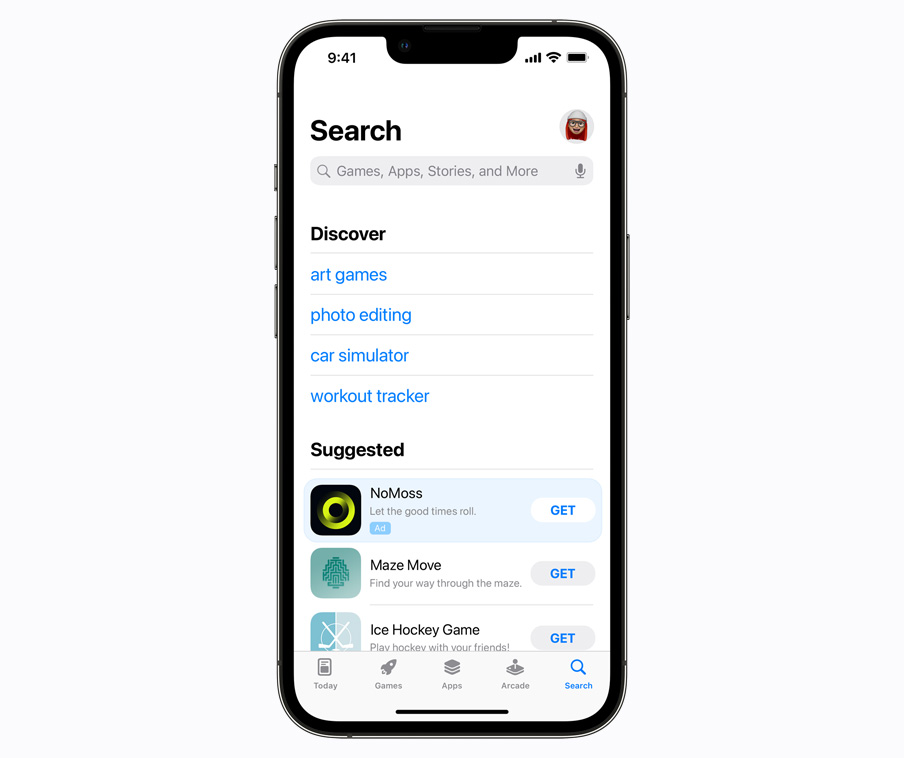An iPhone showing a Search tab ad within the App Store.
