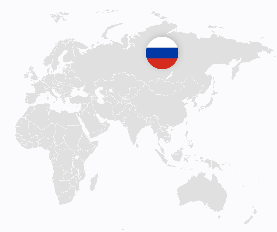 Outline of a world map, with the Russian flag over Russia.