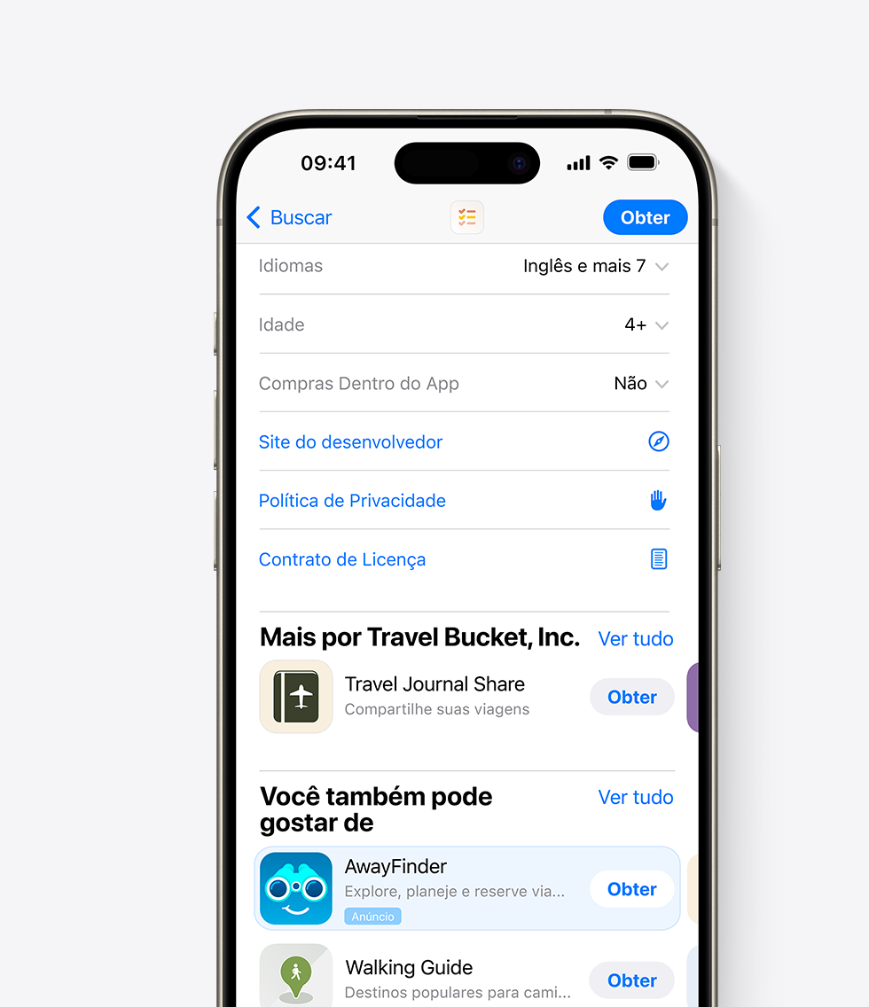 Um iPhone com a App Store aberta. Um anúncio do app de exemplo, AwayFinder, é exibido na parte inferior de uma página do produto da App Store, na qual os usuários o veem caso rolem para baixo na página.