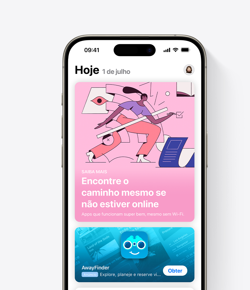 Um iPhone com a App Store aberta e um anúncio do app de exemplo, AwayFinder, exibido em destaque na aba Hoje. O anúncio mostra o ícone, o nome e o subtítulo do app, que diz: "Explore, planeje e reserve viagens".