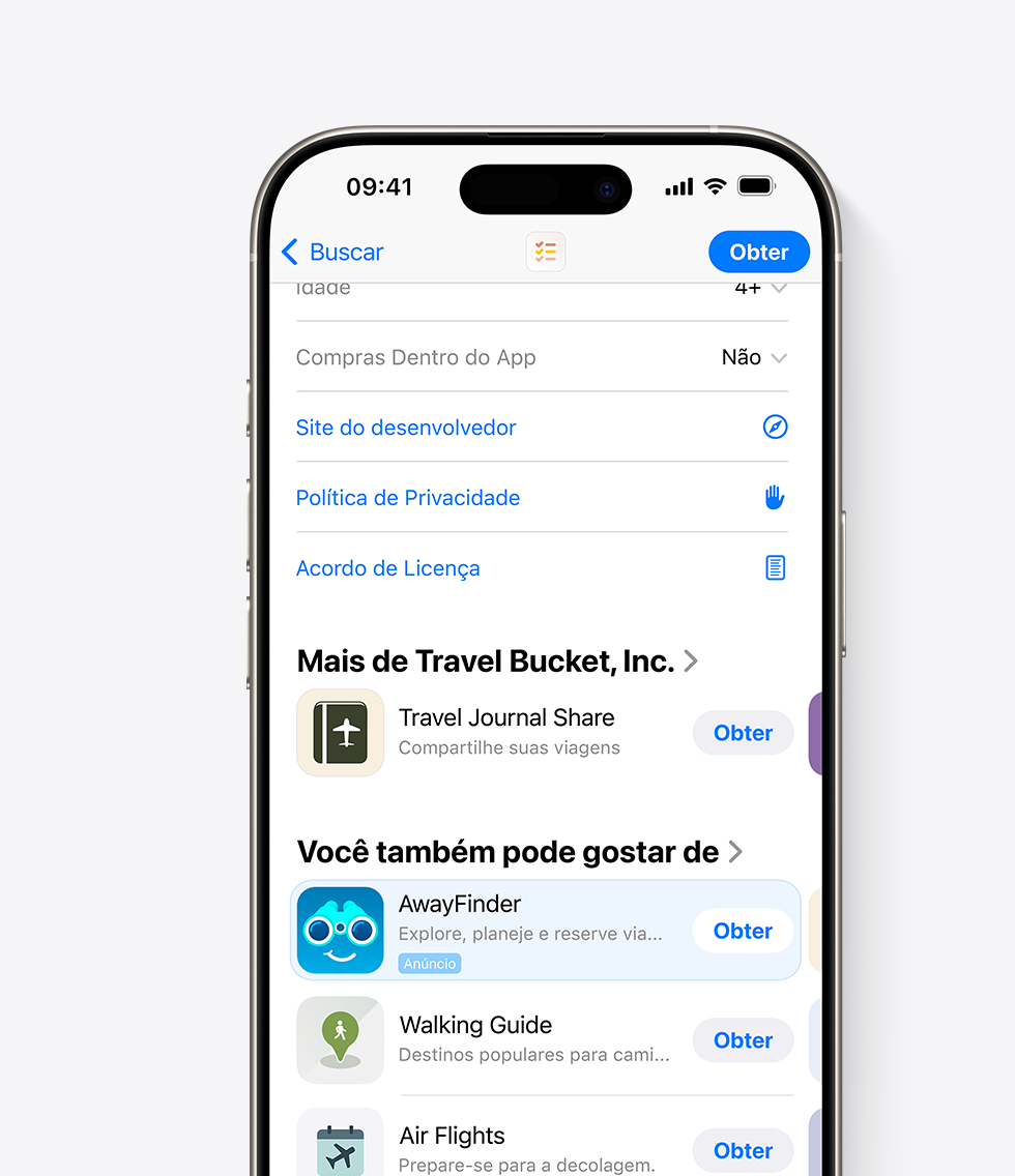 Um iPhone com a App Store aberta. Um anúncio do app de exemplo, AwayFinder, é exibido na parte inferior de uma página do produto da App Store, na qual os usuários o veem caso rolem para baixo na página.