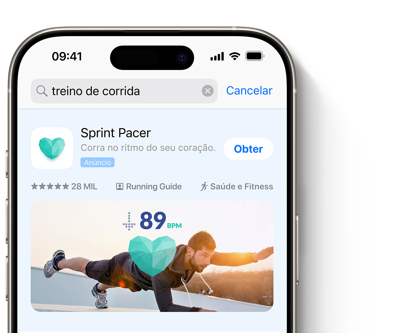 Um anúncio do app Sprint Pacer aparece no topo dos resultados de busca da App Store.