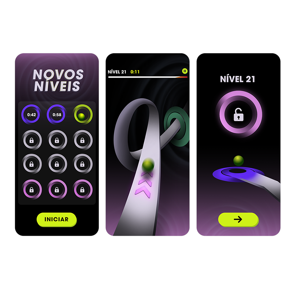 Uma variação do anúncio para um app de exemplo, NoMoss. Três capturas de tela mostrando novos níveis no jogo para destacar novos conteúdos.