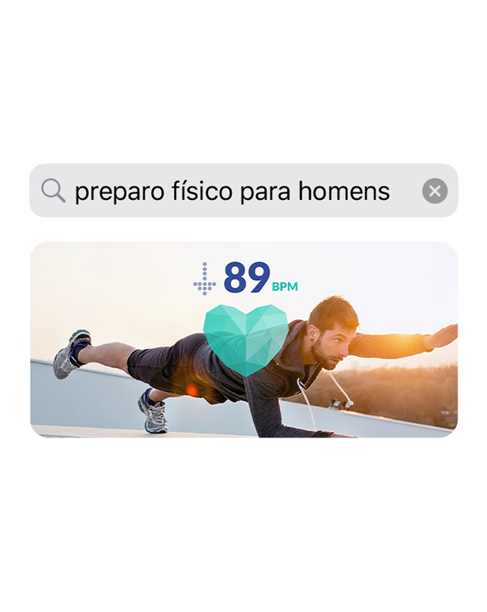 Uma captura de tela do app mostrando a consulta de busca "fitness masculino" com uma imagem de um homem se exercitando abaixo dela.