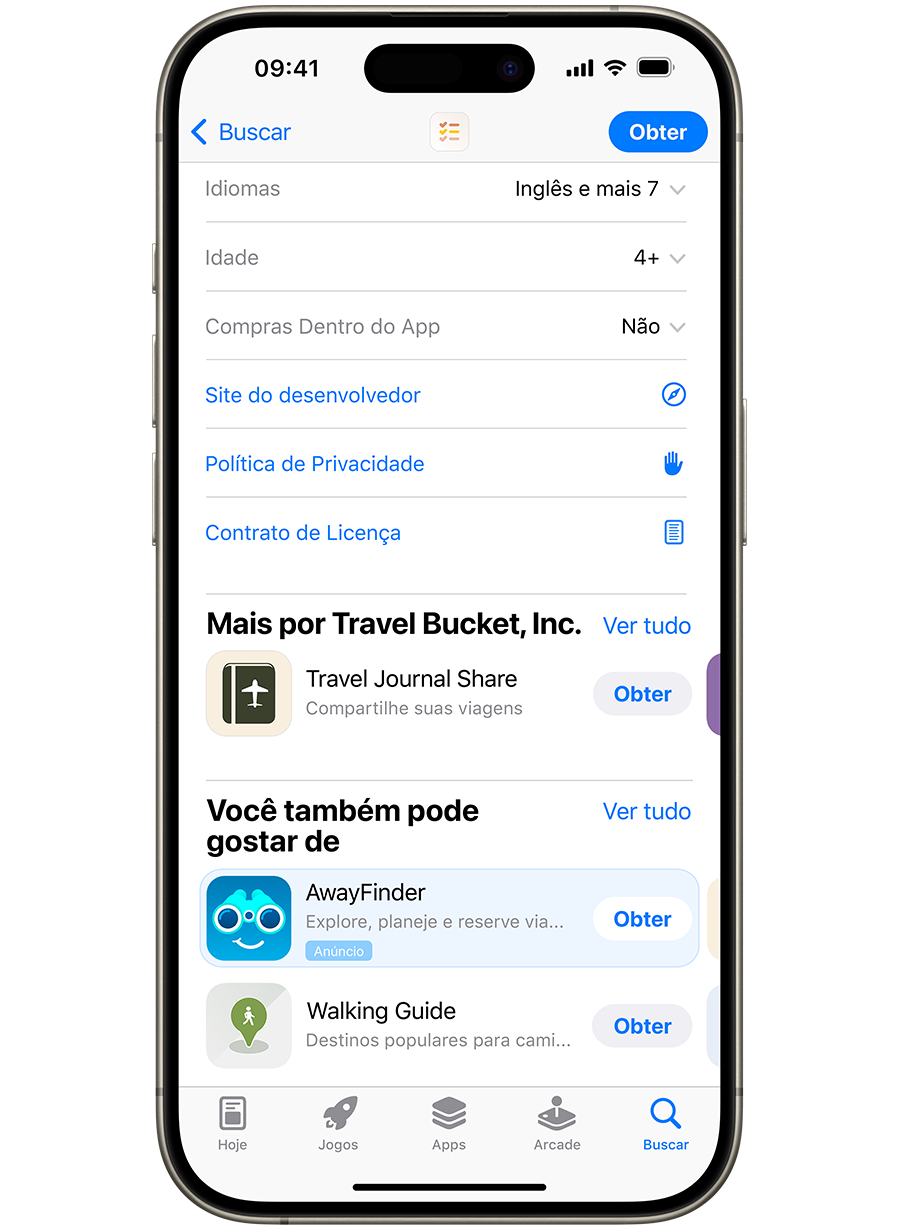 Um iPhone com a App Store aberta. Um anúncio do app de exemplo, AwayFinder, é exibido na parte inferior de uma página do produto da App Store, na qual os usuários o veem caso rolem para baixo na página.
