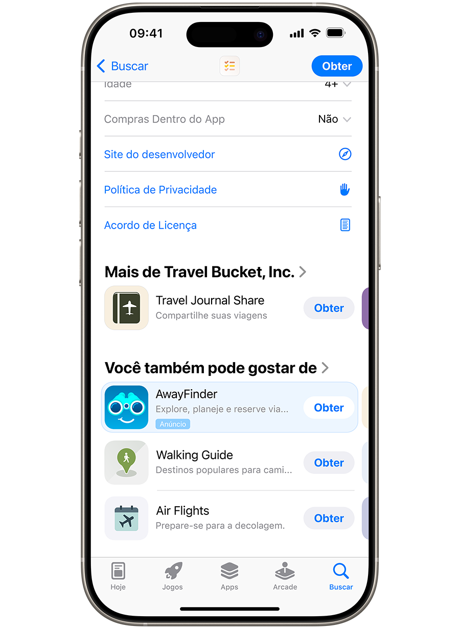 Um iPhone com a App Store aberta. Um anúncio do app de exemplo, AwayFinder, é exibido na parte inferior de uma página do produto da App Store, na qual os usuários o veem caso rolem para baixo na página.