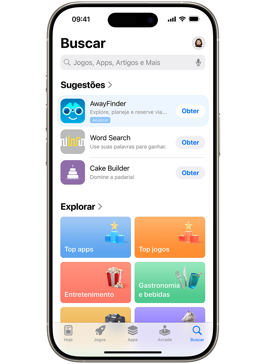 Um iPhone com a App Store aberta. Um anúncio do app de exemplo, AwayFinder, na aba Buscar, na parte superior da lista de apps sugeridos.