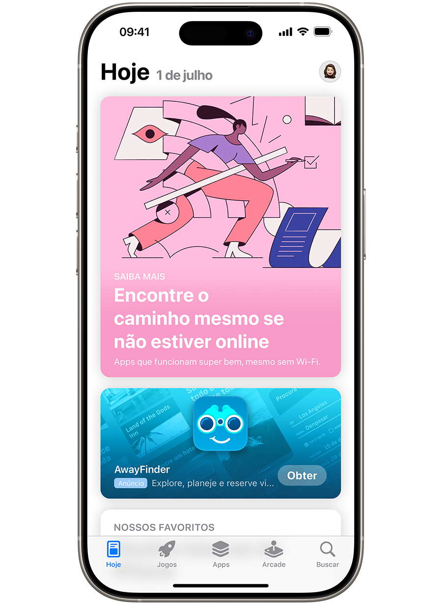 Um iPhone com a App Store aberta e um anúncio do app de exemplo, AwayFinder, exibido em destaque na aba Hoje. O anúncio mostra o ícone, o nome e o subtítulo do app, que diz: "Explore, planeje e reserve viagens".