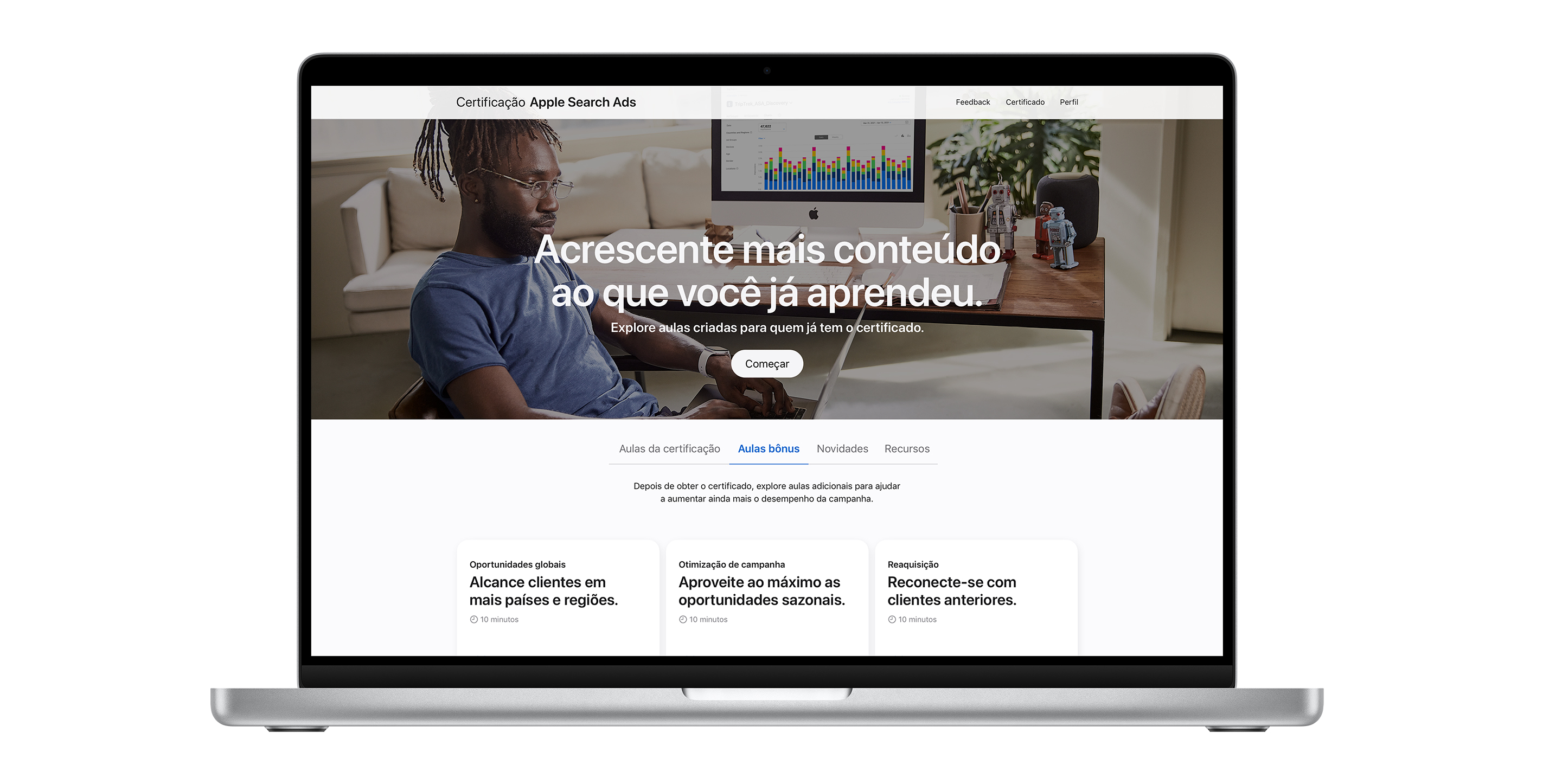 Página de Certificação Apple Search Ads exibindo a aba de lições bônus. Ele mostra três lições para ajudar a aumentar o desempenho da campanha.