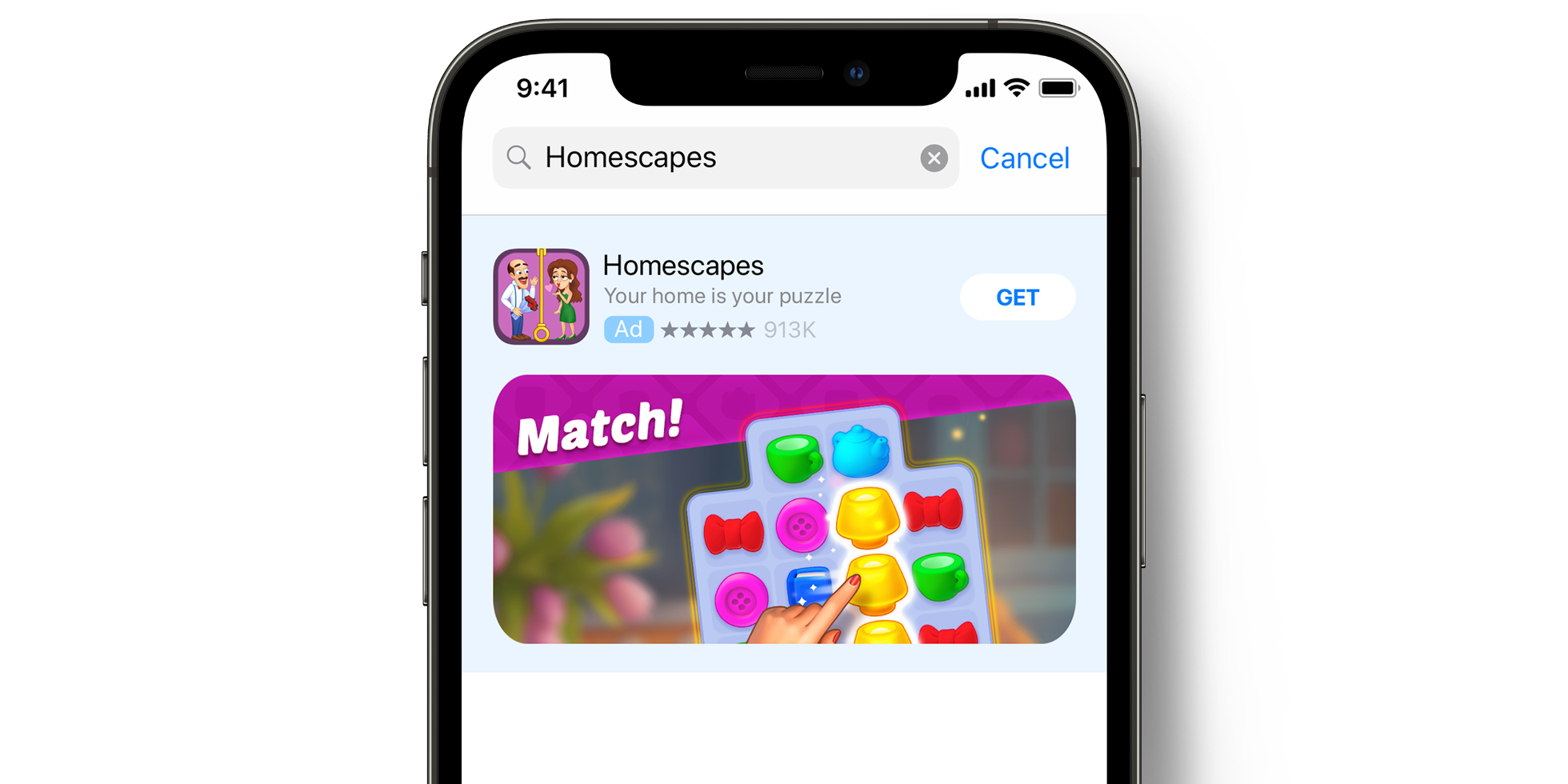 Publicité Apple Search Ads d’Homescapes dans l’App Store