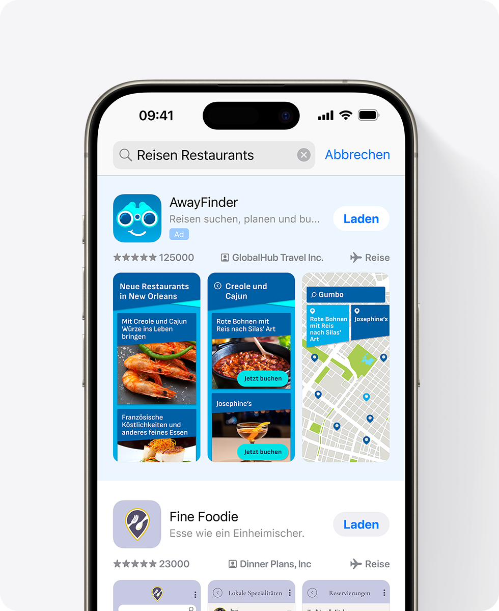 Auf einem iPhone wird oben in den App Store Suchergebnissen eine Anzeige für die Beispiel-App „AwayFinder“ eingeblendet. Die Anzeige enthält drei Screenshots zum Thema Gastronomie und die in das Suchfeld eingegebene Suchanfrage lautet „Reise Gastronomie“.