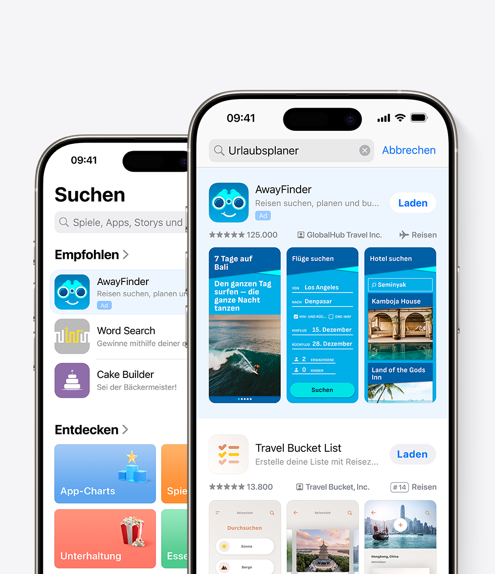 Zwei iPhone Geräte mit geöffnetem App Store. Ein iPhone zeigt im Tab „Suchen“ eine Anzeige für die Beispiel-App „AwayFinder“ an. Das andere zeigt oben in den Suchergebnissen eine Anzeige für AwayFinder an, wobei der Begriff „Urlaubsplaner“ in das Suchfeld eingegeben wird.