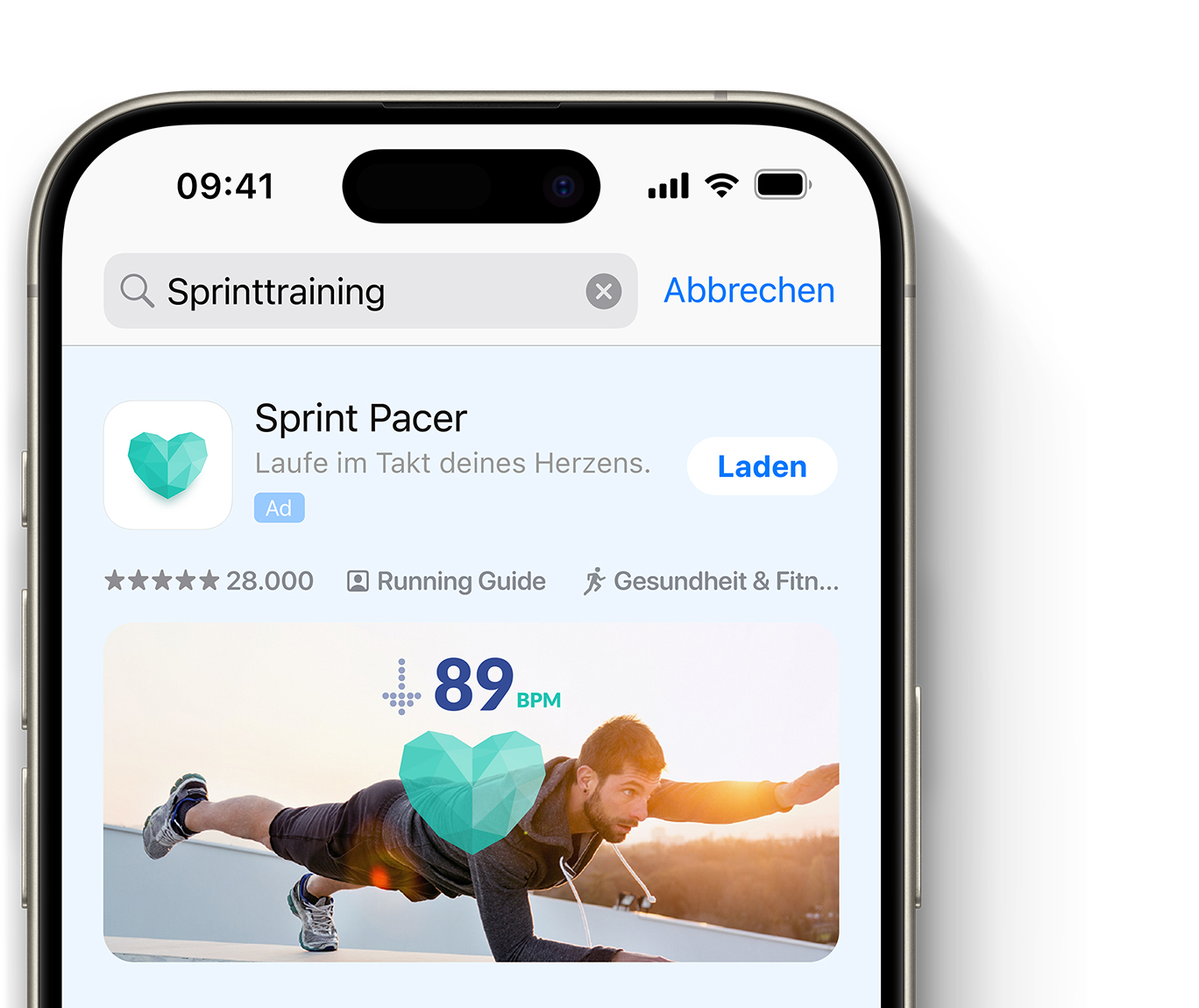Eine Anzeige für die App „Sprint Pacer“ erscheint ganz oben in den App Store-Suchergebnissen. 