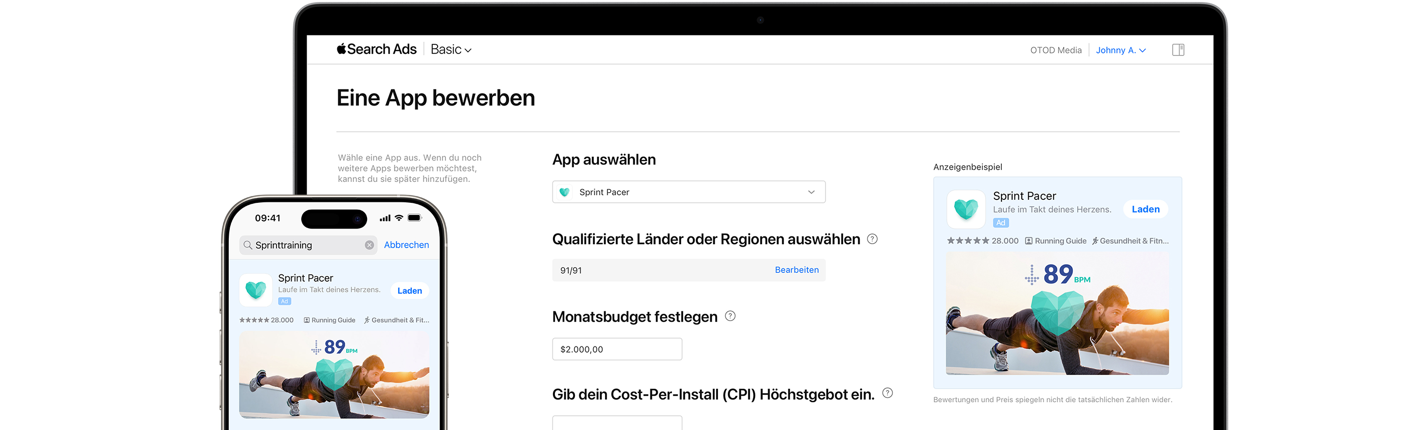 Auf einem MacBook Bildschirm wird die Seite „Eine App bewerben“ für Apple Search Ads Basic angezeigt. Die Beispiel-App „Sprint Pacer“ wird ausgewählt. Ein iPhone neben dem MacBook zeigt in den App Store-Suchergebnissen eine Anzeige für „Sprint Pacer“ an. 