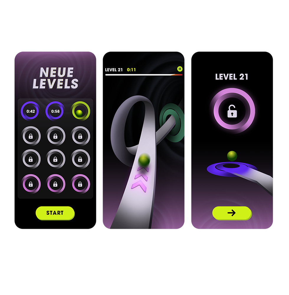 Eine Anzeigenvariante für eine Beispiel-App namens NoMoss. Drei Screenshots, die neue Level eines Spiels zeigen, um neue Inhalte hervorzuheben.