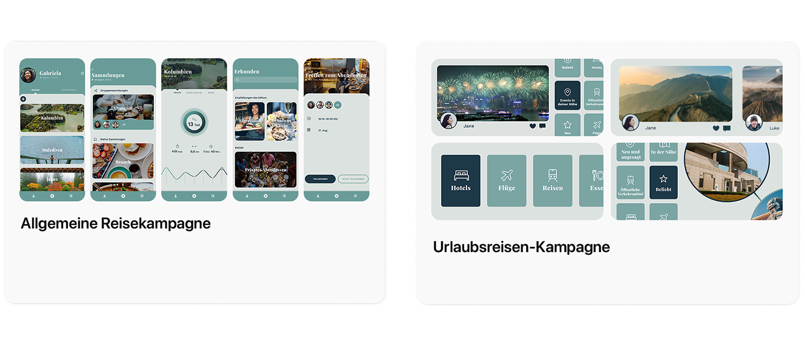 Zwei Beispiele für Anzeigen im Tab „Heute“ für eine Beispiel-App namens TripTrek. Links ist eine allgemeine Reisekampagne mit Bildern dargestellt, die einen Überblick über die App bieten. Rechts sieht man eine Urlaubsreisekampagne, die während der Aktionszeiträume im Laufe des Jahres laufen könnte.
