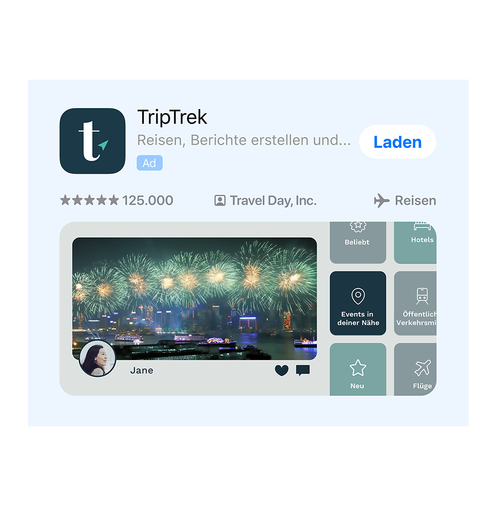 Eine Anzeigenvariante für eine Beispiel-App namens TripTrek mit Neujahrsfeuerwerk. Eine Kachel in der App mit der Aufschrift „Nearby Events“ (Veranstaltungen in der Nähe) ist hervorgehoben.