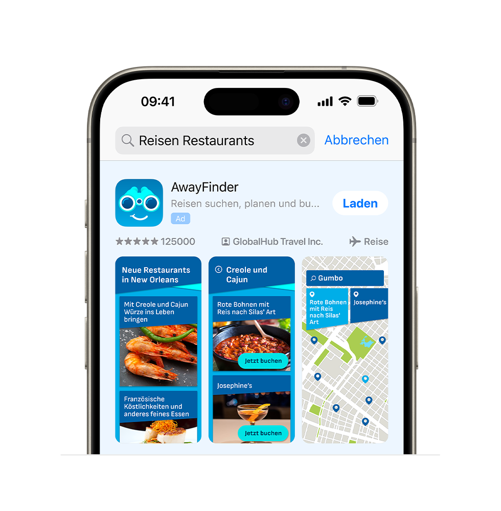 Anzeigenvariante für eine Beispiel-App namens „AwayFinder“, die zeigt, dass drei Bilder zum Thema Essen aus der App so angepasst sind, dass sie für die Suchanfrage „Travel Dining“ (Essen auf Reisen) erscheinen.