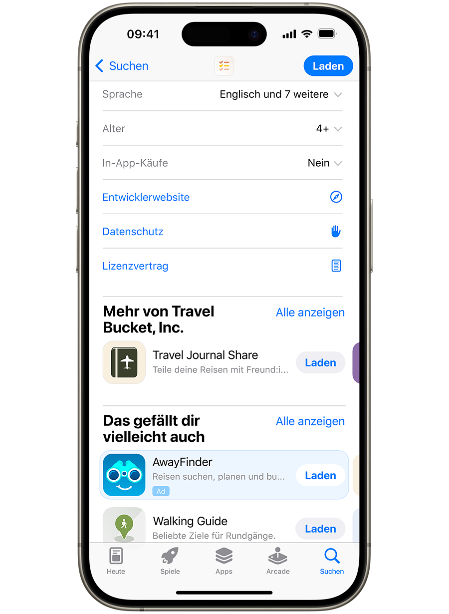 Ein iPhone mit geöffnetem App Store. Eine Anzeige für die Beispiel-App „AwayFinder“ wird unten auf einer Produktseite im App Store angezeigt, wo Nutzer:innen sie sehen können, wenn sie auf der Seite nach unten scrollen.