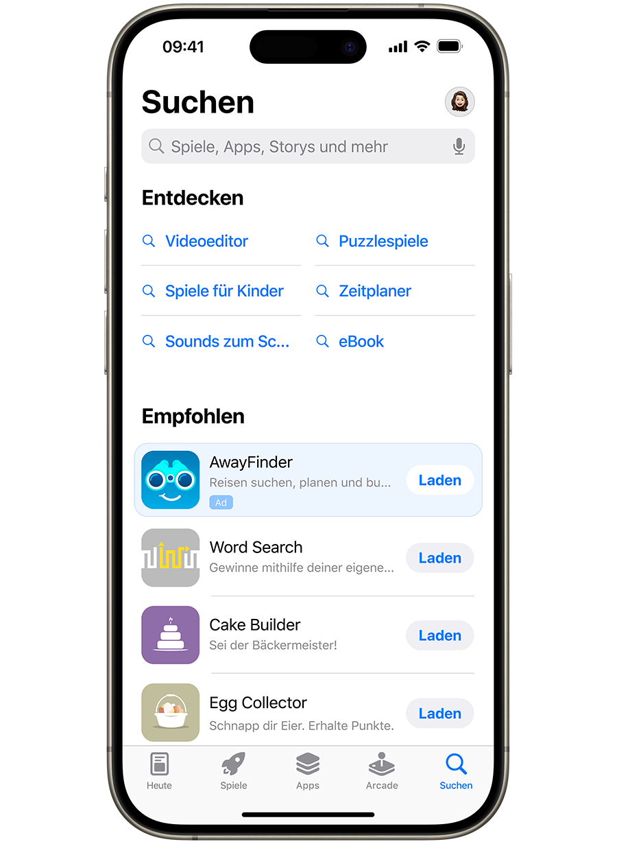 Ein iPhone mit geöffnetem App Store. Eine Anzeige für die Beispiel-App „AwayFinder“ wird im Tab „Suchen“ oben in der Liste der vorgeschlagenen Apps angezeigt.