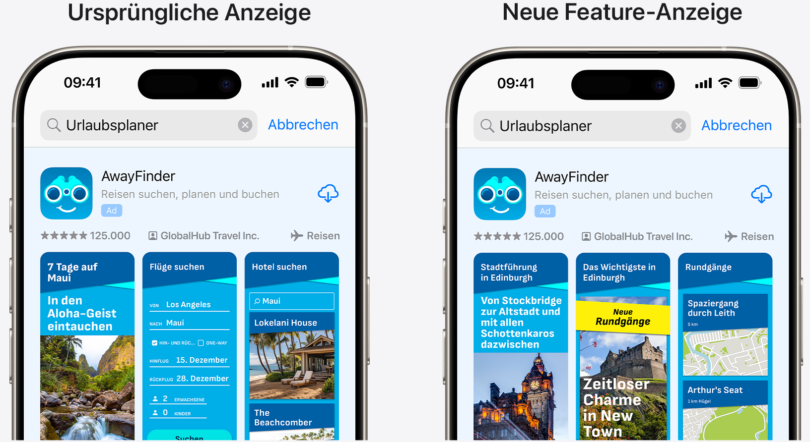 Gegenüberstellung der Originalanzeige der Beispiel-App „AwayFinder“ und einer Anzeige, die eine neue Funktion hervorhebt.