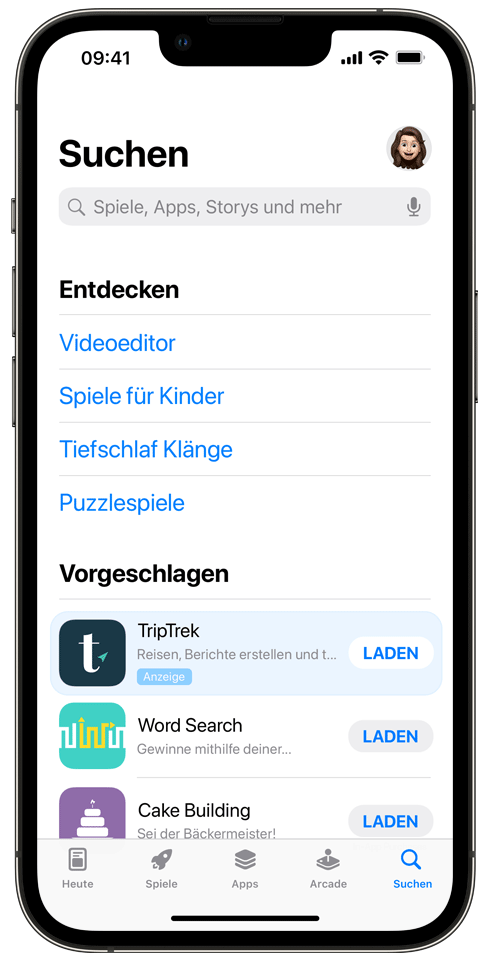 Eine Anzeige für die Beispiel-App „TripTrek“, die auf dem Tab „Suchen“ oben in der Liste der vorgeschlagenen Apps erscheint.