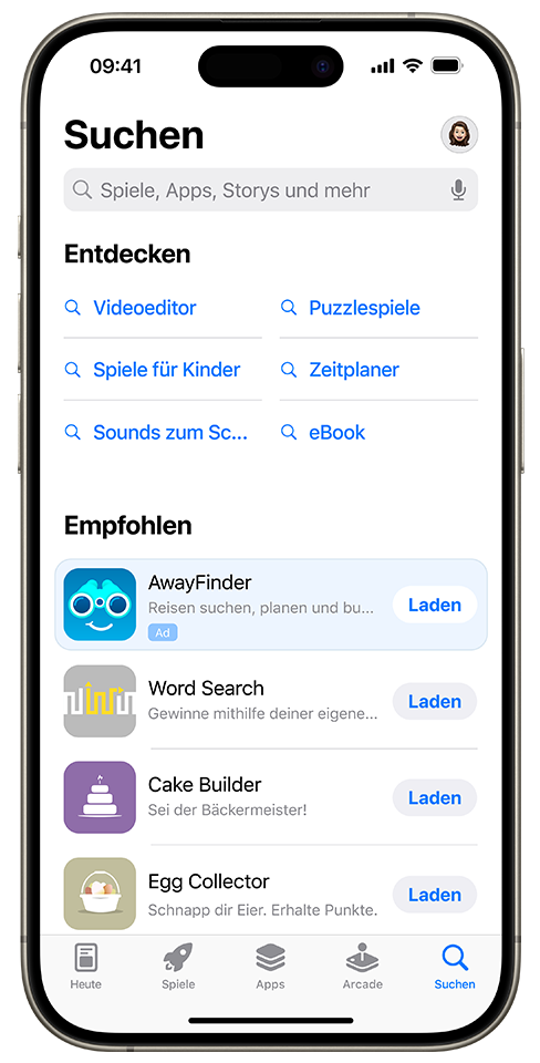 Eine Anzeige für die Beispiel-App „AwayFinder“ wird im Tab „Suchen“ oben in der Liste der vorgeschlagenen Apps angezeigt.