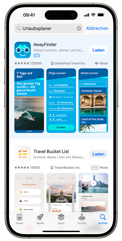 Im App Store Suchfeld ist der Begriff „Urlaubsplaner“ eingegeben und oben in den Suchergebnissen wird eine Anzeige für die Beispiel-App „AwayFinder“ eingeblendet.
