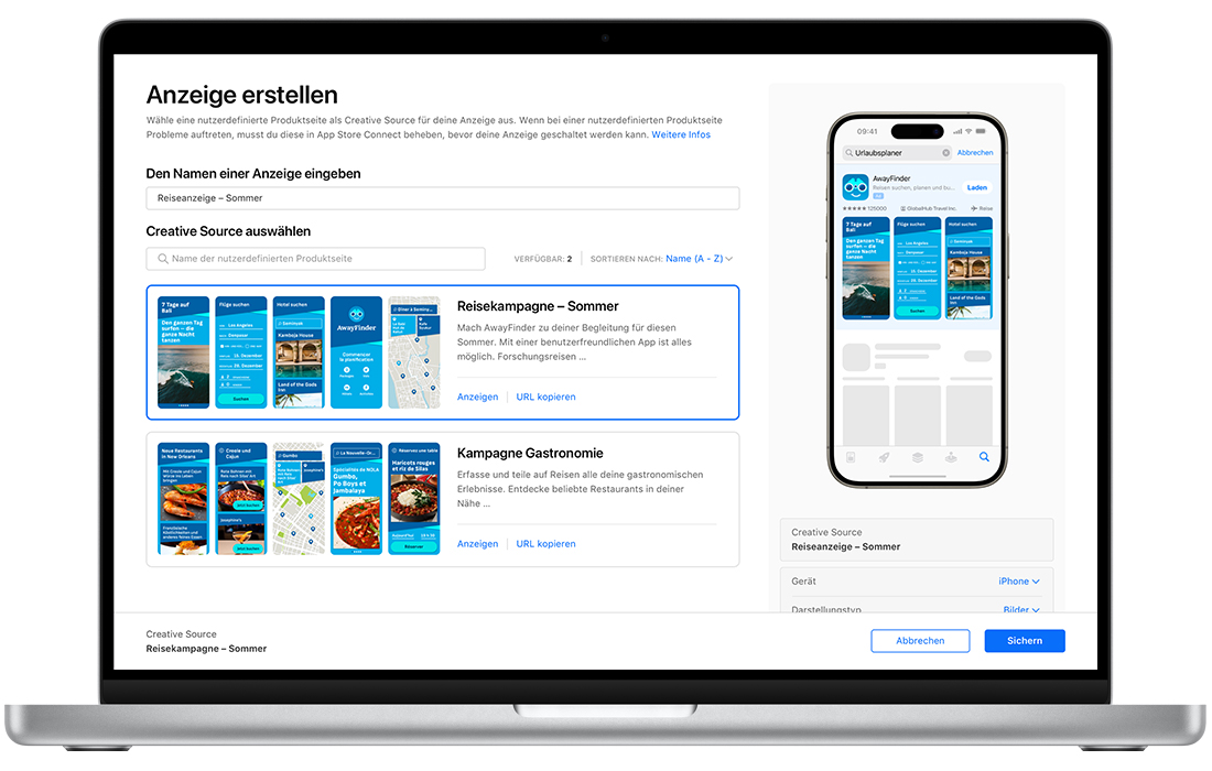 Auf einem MacBook ist die Seite „Anzeige erstellen“ für eine Anzeigenvariante in den Suchergebnissen in Apple Search Ads geöffnet. Es werden zwei verfügbare Custom Product Pages angezeigt. Der Titel der Anzeigenvariante, die erstellt wird, lautet „Summer Travel Ad“ und eine Custom Product Page für die „Reisekampagne – Sommer“ ist ausgewählt. Auf der rechten Seite zeigt ein iPhone eine Vorschau der Anzeige an.