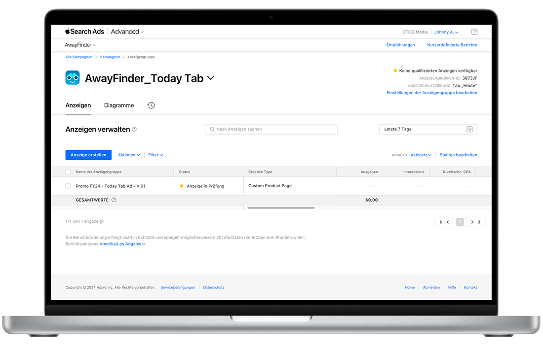 Das Anzeigen-Dashboard in Apple Search Ads Advanced zeigt Anzeigenname, Status, Creative Type, Ausgaben, Impressions und Durchschnitts-CPA für eine Anzeige im Tab „Heute“ an.