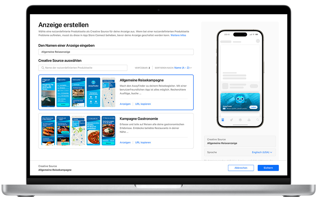 Auf einem MacBook ist die Erstellungsseite für eine Anzeige im Tab „Heute“ in Apple Search Ads Advanced geöffnet, auf der zwei verfügbare nutzerdefinierte Produktseiten angezeigt werden. Der Titel der Tab-Anzeige „Heute“, die erstellt wird, lautet „General Travel Ad“ und eine nutzerdefinierte Produktseite der General Travel Campaign ist ausgewählt. In der oberen rechten Ecke werden in einer Vorschau der Anzeige das App-Symbol, der Name und der Untertitel sowie Assets der nutzerdefinierten Produktseite im Hintergrund der Anzeige angezeigt.