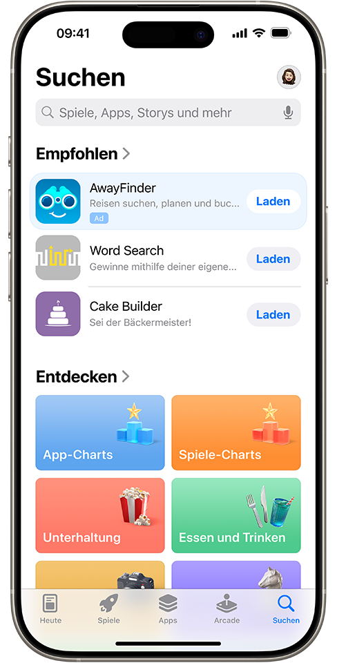 Eine Anzeige für die Beispiel-App „AwayFinder“ wird im Tab „Suchen“ oben in der Liste der vorgeschlagenen Apps angezeigt.