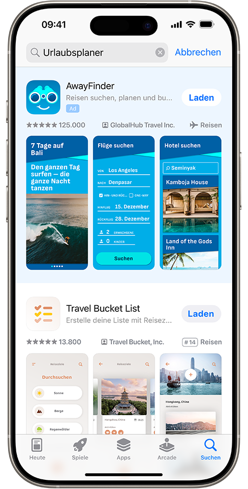 Im App Store Suchfeld ist der Begriff „Urlaubsplaner“ eingegeben und oben in den Suchergebnissen wird eine Anzeige für die Beispiel-App „AwayFinder“ eingeblendet.