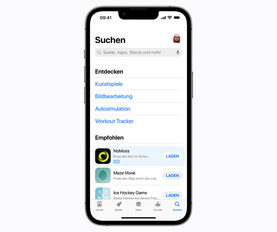 Ein iPhone, das eine Anzeige auf dem Tab „Suchen“ im App Store zeigt.