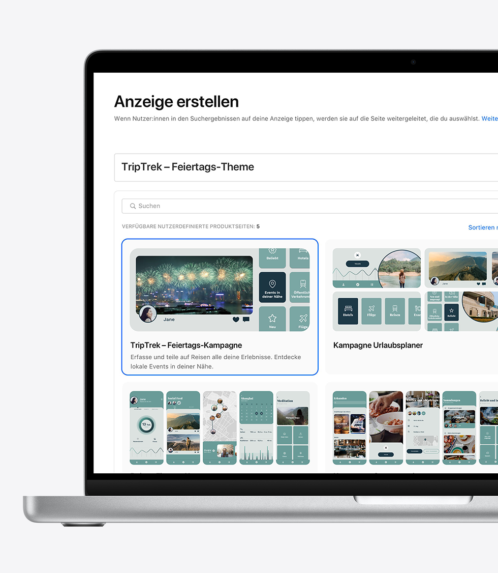Die Seite „Anzeige erstellen“ für eine Anzeigenvariante in den Suchergebnissen ist geöffnet, und eine auf die Feiertage abgestimmte nutzerdefinierte Produktseite ist zur Verwendung für das Anzeigendesign ausgewählt.