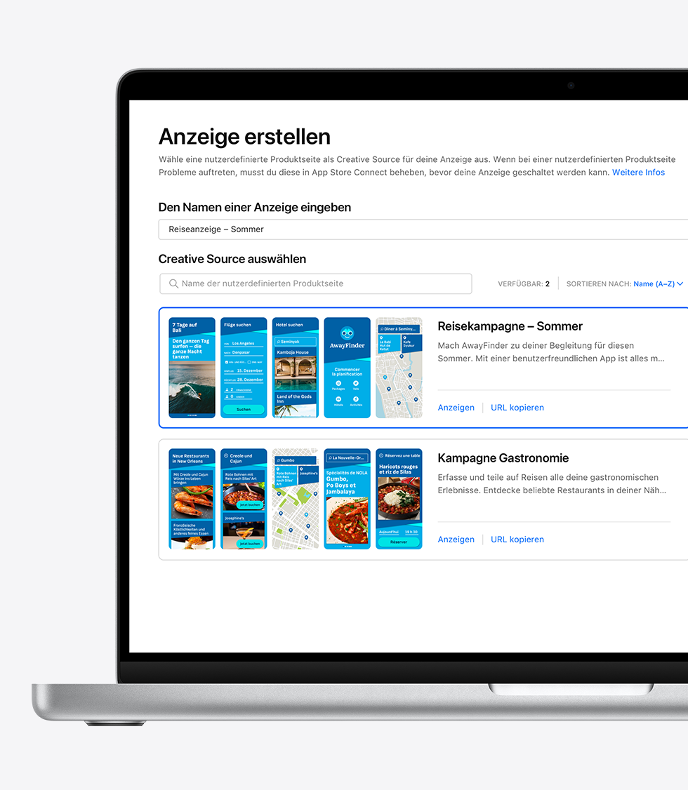 Die Seite „Anzeige erstellen“ für eine Anzeigenvariante in den Suchergebnissen ist geöffnet, und eine auf die Feiertage abgestimmte nutzerdefinierte Produktseite ist zur Verwendung für das Anzeigendesign ausgewählt.