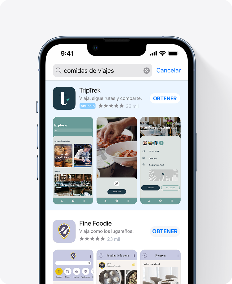 Un iPhone muestra un anuncio de la app de ejemplo TripTrek en la parte superior de los resultados de búsqueda del App Store. El anuncio incluye tres capturas de pantalla relacionadas con restaurantes y la consulta introducida en el cuadro de búsqueda es «comidas en viajes».