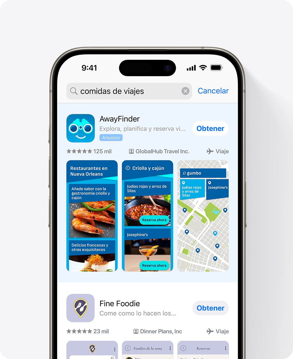 Un iPhone muestra un anuncio de la app de ejemplo AwayFinder en la parte superior de los resultados de búsqueda del App Store. El anuncio incluye tres capturas de pantalla relacionadas con restaurantes y la consulta introducida en el cuadro de búsqueda es «comidas en viajes».
