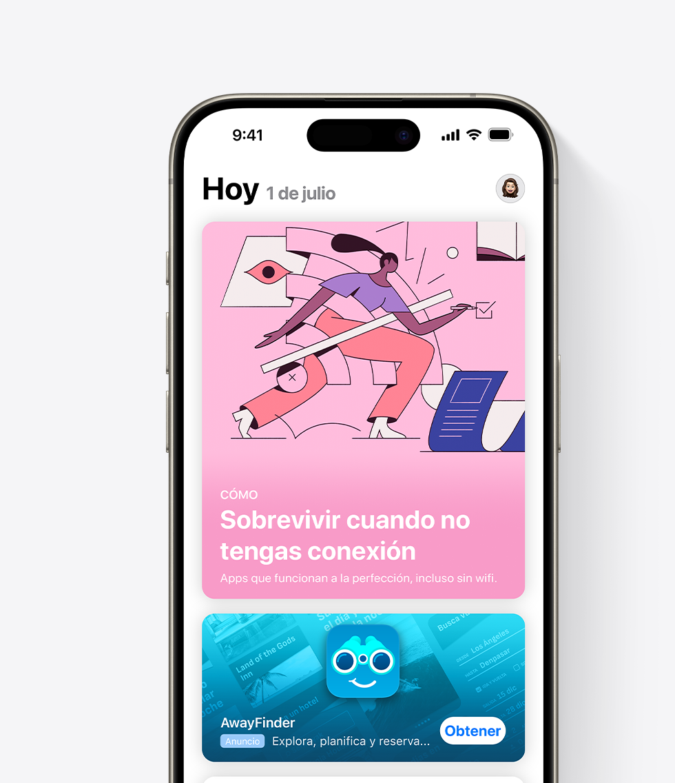Un iPhone con el App Store abierto y un anuncio de la app de ejemplo AwayFinder en un lugar destacado en la pestaña Hoy. El anuncio muestra el icono, el nombre y el subtítulo de la app, que dice «Explorar, planificar y reservar un viaje».