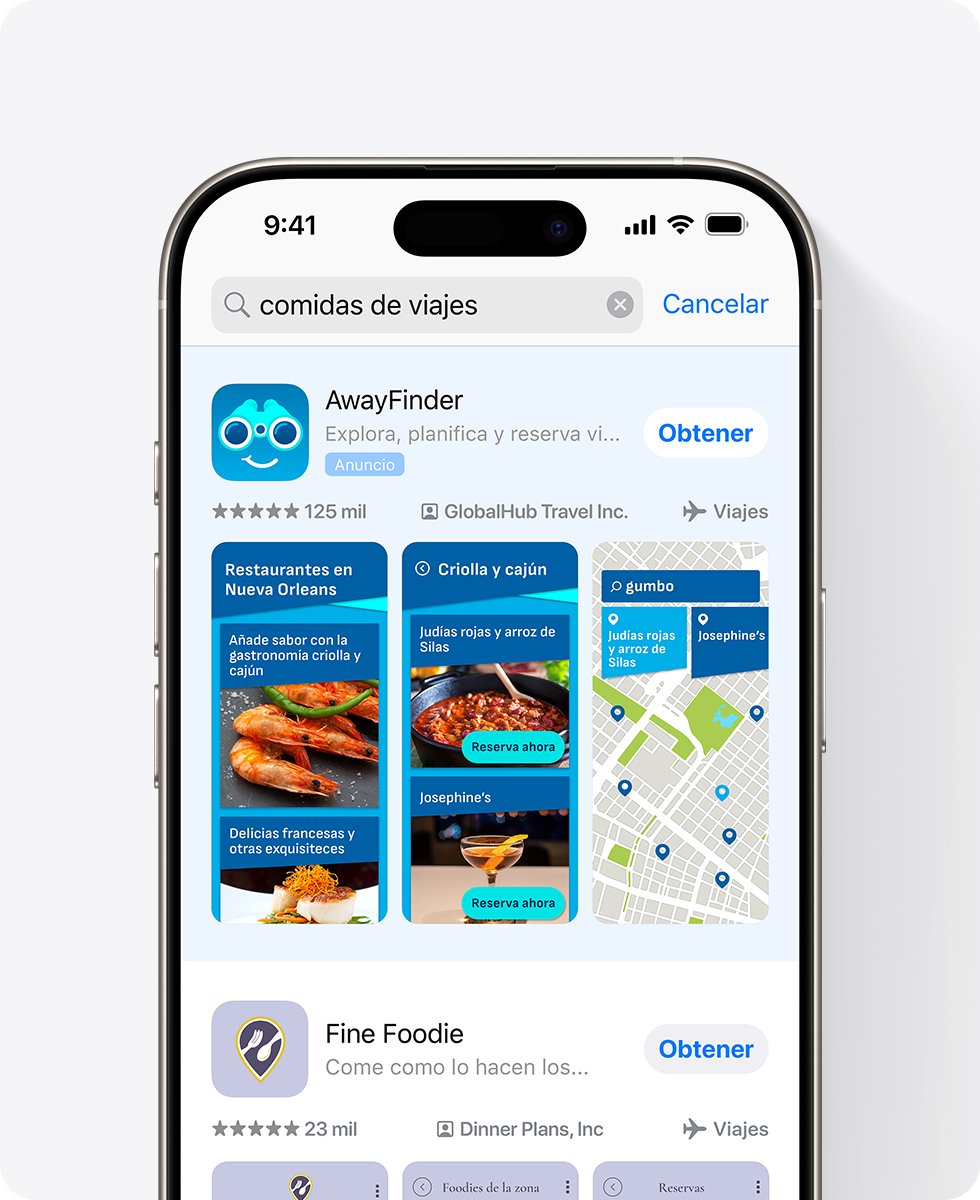 Un iPhone muestra un anuncio de la app de ejemplo AwayFinder en la parte superior de los resultados de búsqueda del App Store. El anuncio incluye tres capturas de pantalla relacionadas con restaurantes y la consulta introducida en el cuadro de búsqueda es «comidas en viajes».