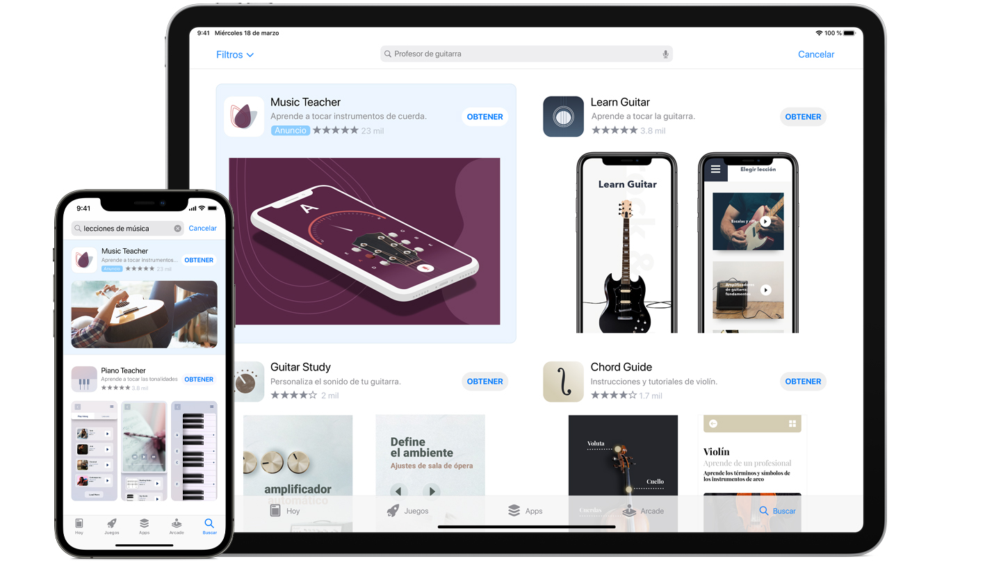 Ejemplos de anuncios del App Store en un iPhone y un iPad