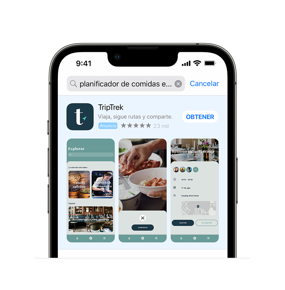 Una variante de anuncio de una app de ejemplo, TripTrek, que muestra que tres imágenes de la app relacionadas con opciones gastronómicas están diseñadas para aparecer en la consulta de búsqueda «planificador de comidas en viajes».