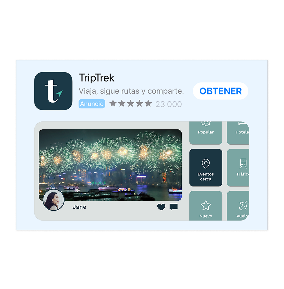 Una variante de anuncio de una app de ejemplo, TripTrek, que muestra imágenes de las celebraciones de Año Nuevo. Un recuadro en la app que dice Eventos cerca está resaltado.