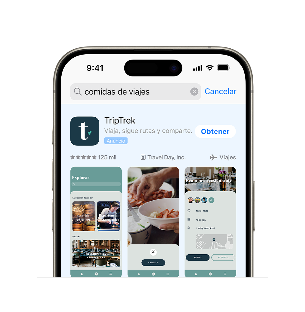 Una variante de anuncio de una app de ejemplo, TripTrek, que muestra que tres imágenes de la app relacionadas con opciones gastronómicas están diseñadas para aparecer en la consulta de búsqueda «planificador de comidas en viajes».