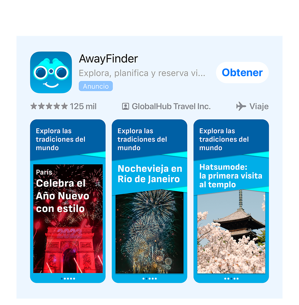 Una variante de anuncio de la app de ejemplo AwayFinder, que muestra imágenes de las celebraciones de Año Nuevo.