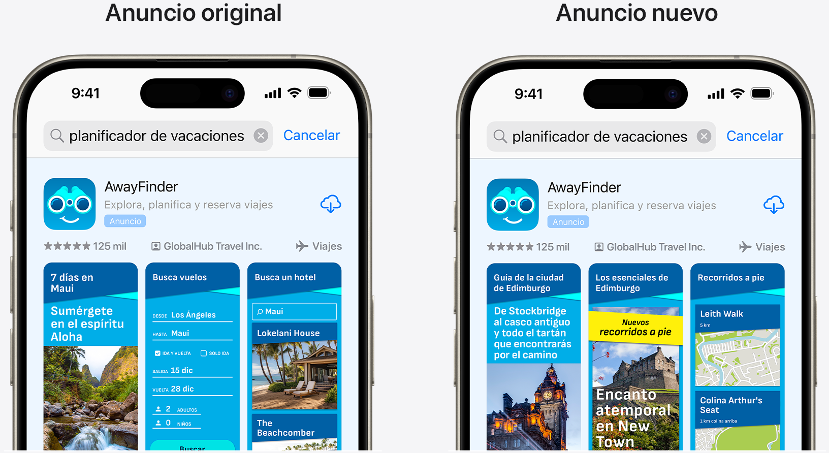 Comparación del anuncio original de la app de ejemplo AwayFinder con otro en el que se destaca una prestación nueva.