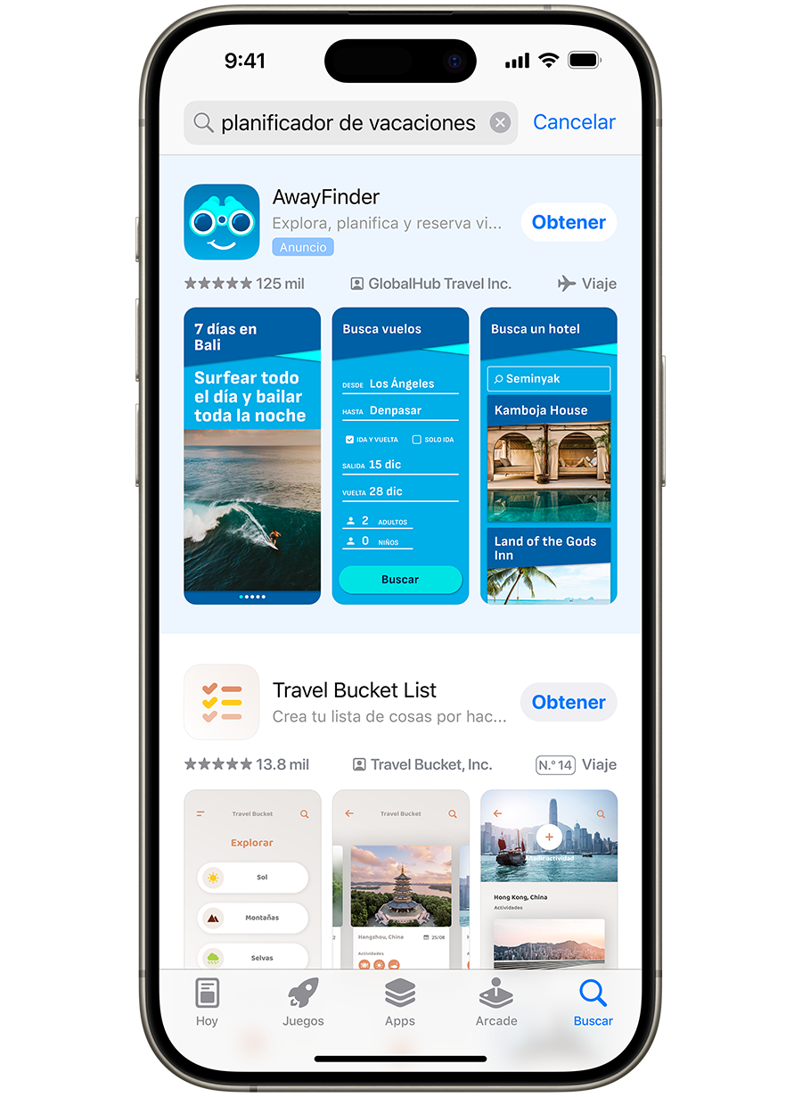Un iPhone con el App Store abierto. El término de búsqueda «planificador de vacaciones» se ha escrito en el cuadro de búsqueda, y aparece un anuncio de la app de ejemplo, AwayFinder, en la parte superior de los resultados de búsqueda.